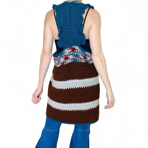 Vintage Handmade Brown & Teal Stripe Ruffle Crochet Hippie Long Sweater Vest - Picture 6 of 7